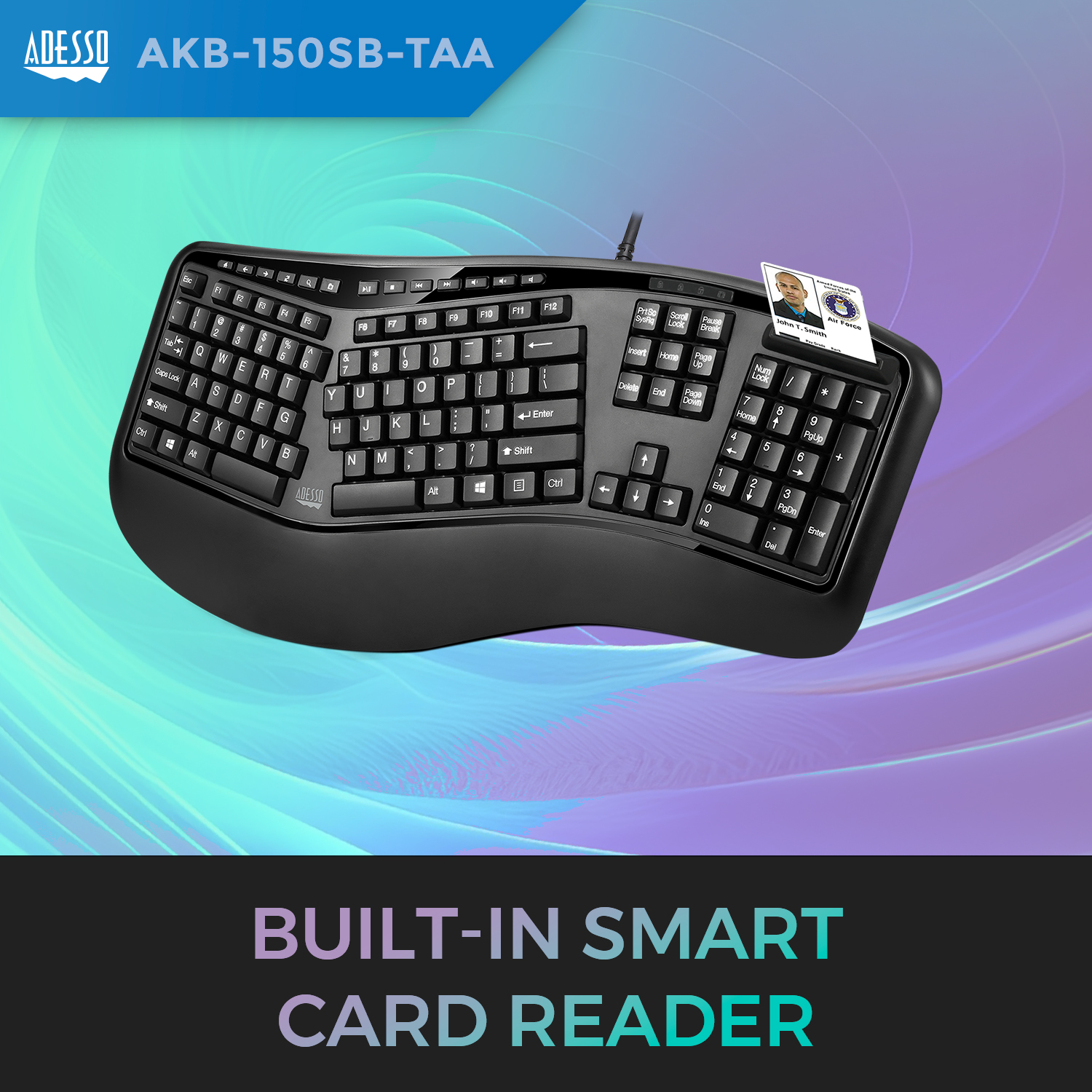 Desktop Ergonomic Smart Card Reader Keyboard (TAA Compliant) - Adesso